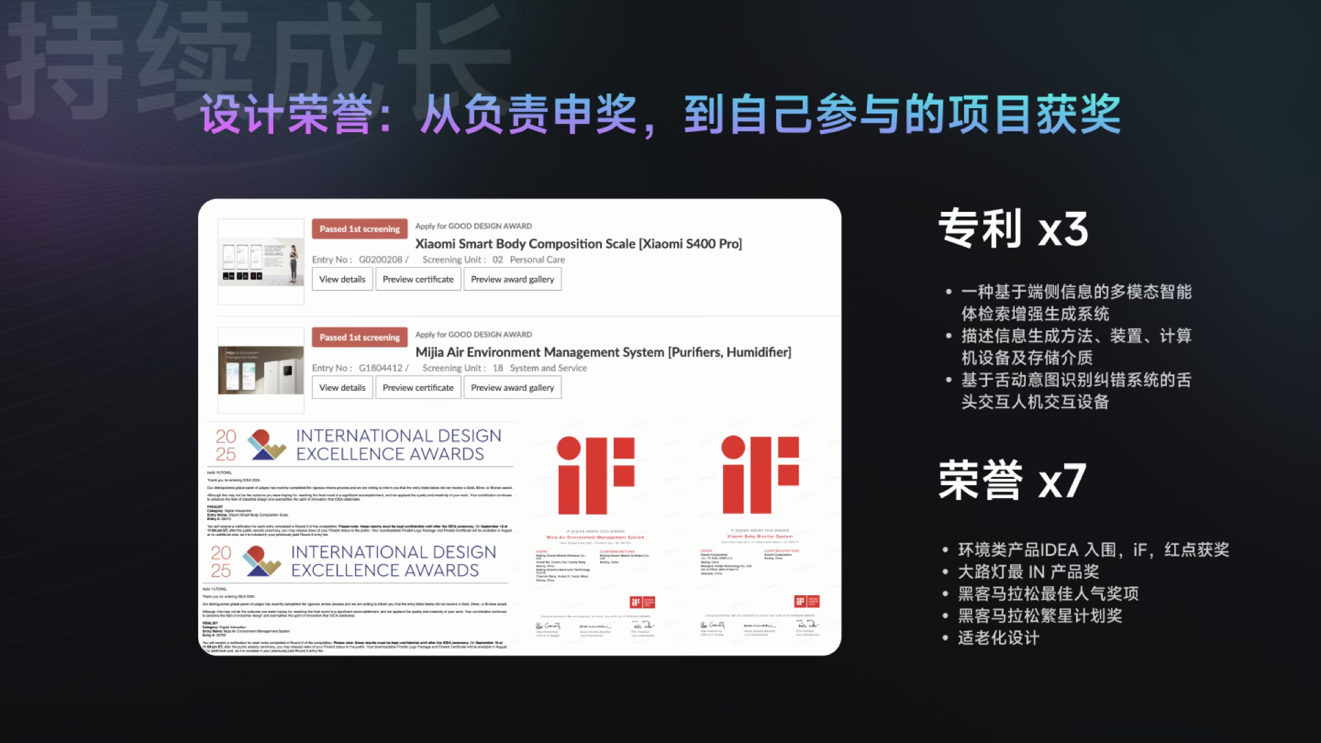 设计奖项与发明专利成果展示